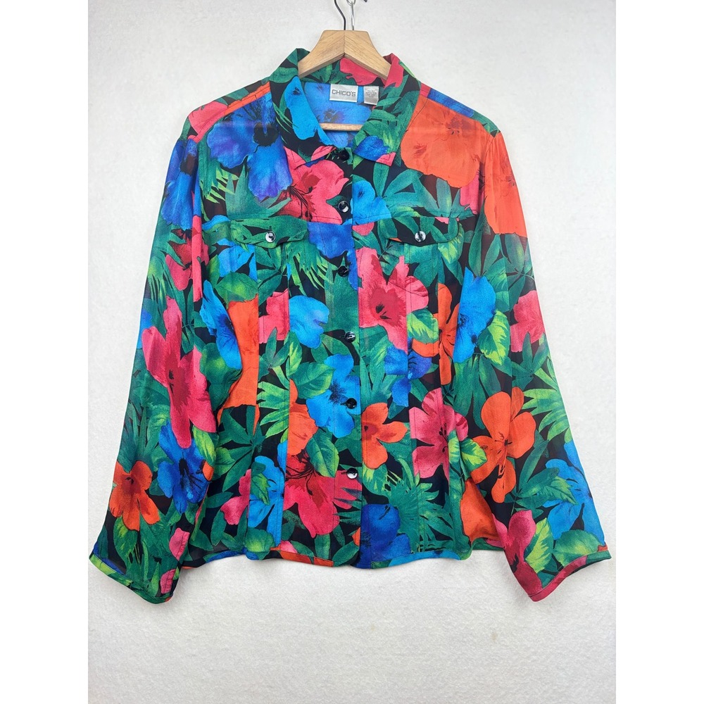 Chico's Silk Shirt Womens‎ Size 3 Floral Tropical Button Front